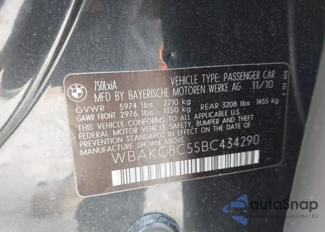 2011 BMW 750Li xDrive z USA, uszkodzony, nr VIN WBAKC8C55BC434290